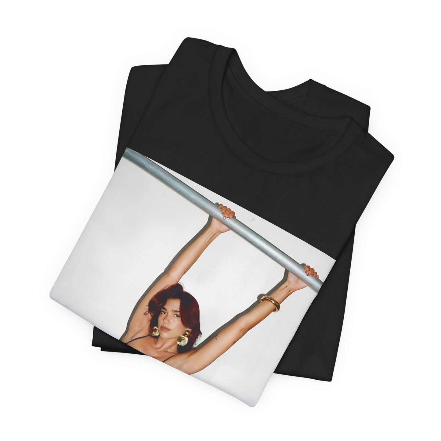 A black graphic t-shirt featuring a graphic related to Dua Lipa's "Levitating" song or era.