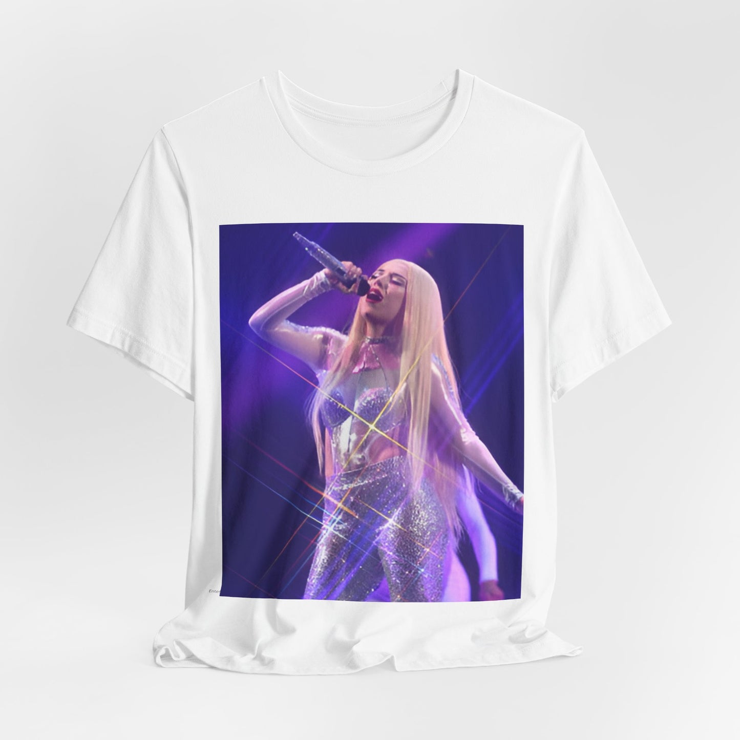 A black graphic t-shirt featuring a photo or illustration of Ava Max performing on stage, with a glittering or sparkling effect.