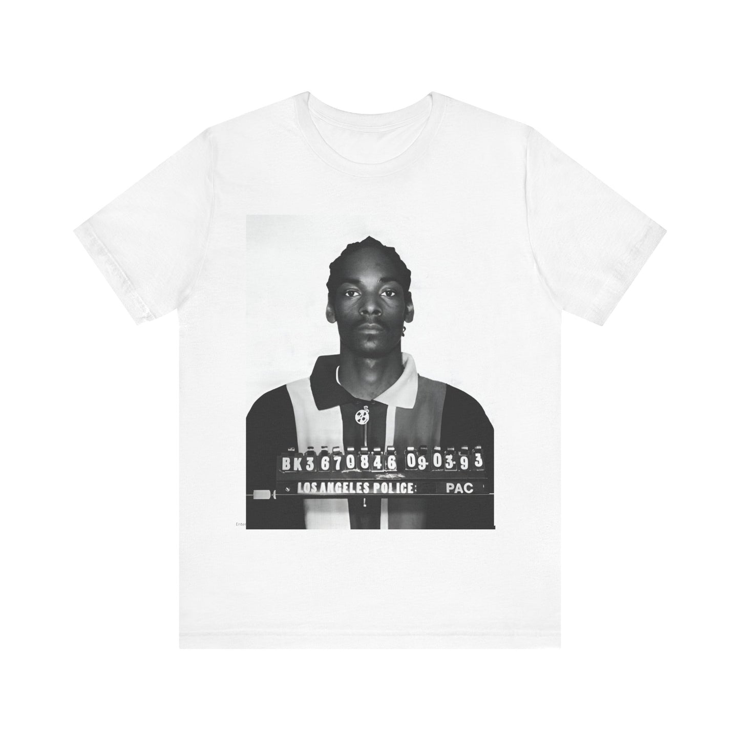 A black graphic t-shirt featuring a graphic of Snoop Dogg's mug shot.