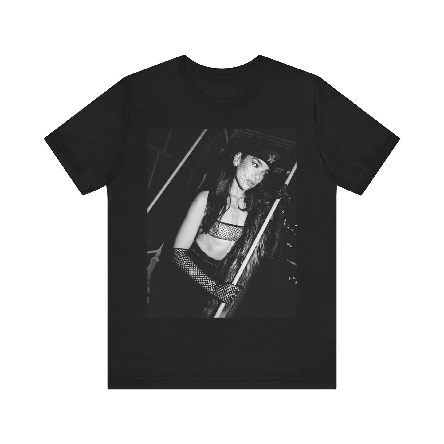 A black graphic t-shirt featuring a black and white, monochrome graphic or portrait of Dua Lipa.