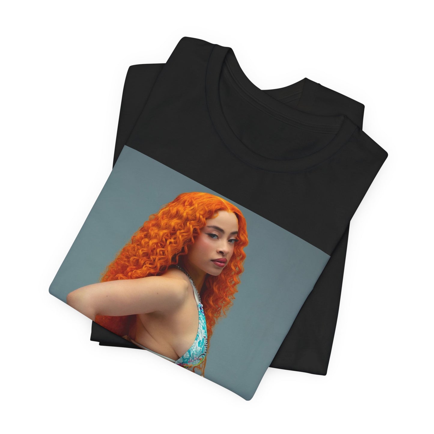 A black graphic t-shirt featuring a Y2K hip hop graphic of Ice Spice.