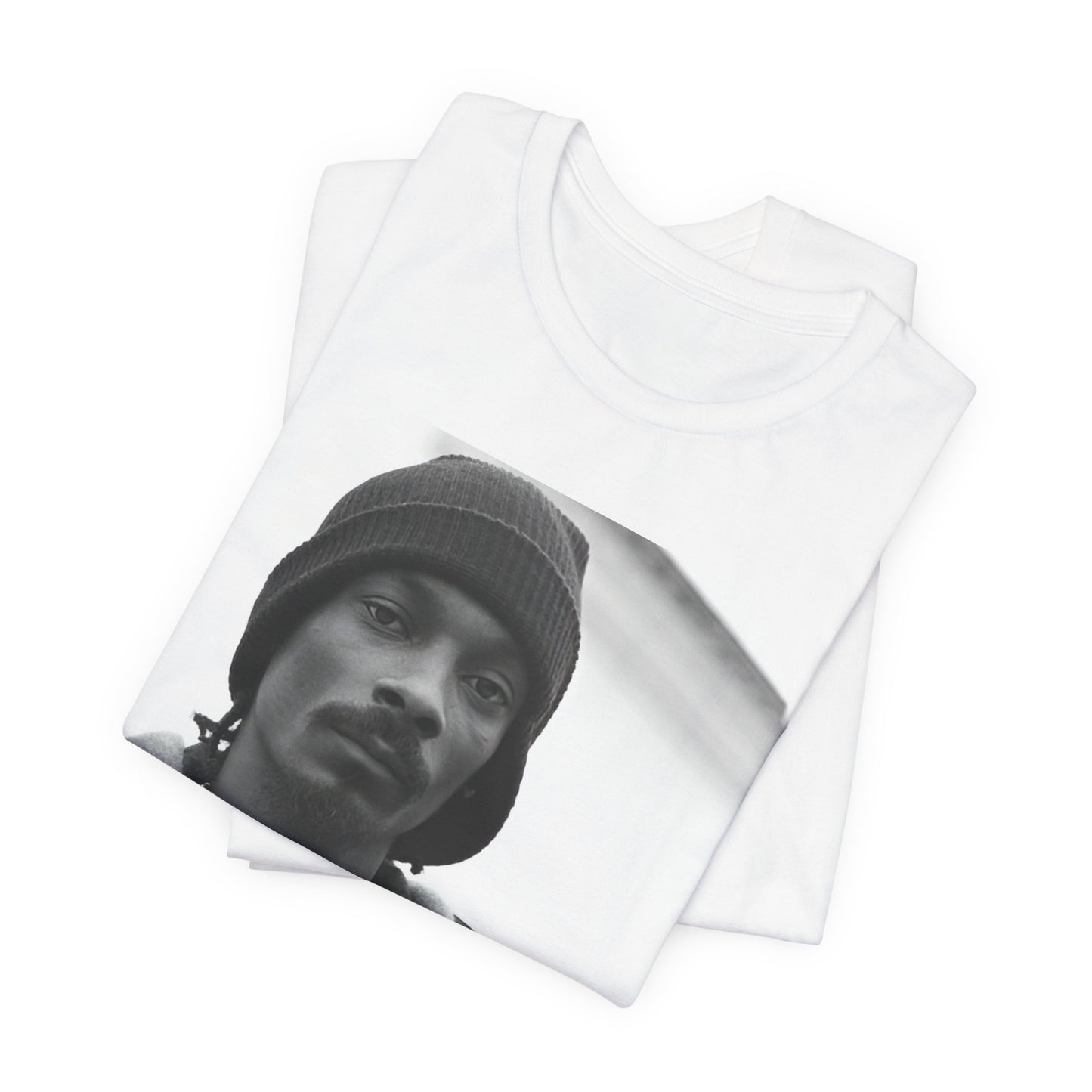 A black graphic t-shirt featuring a black and white, monochrome graphic of Snoop Dogg with an OG cool vibe.