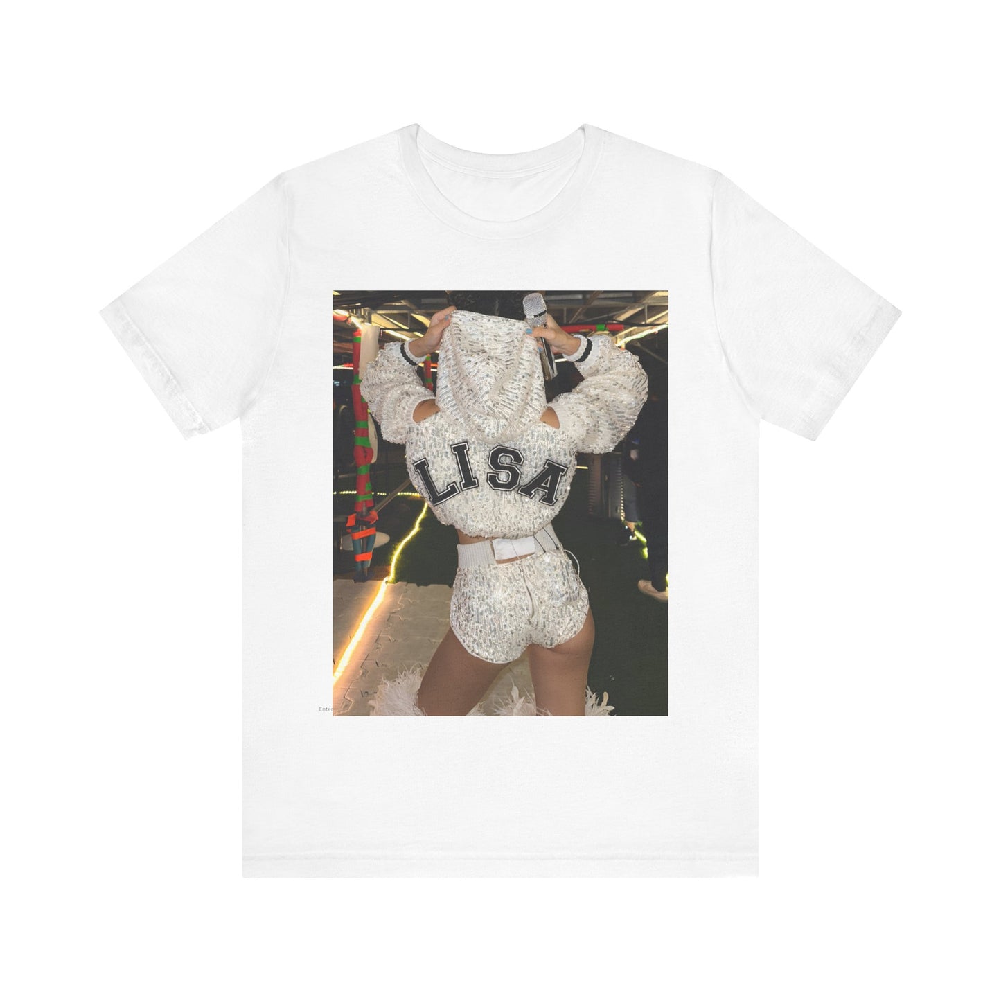 A black graphic t-shirt featuring a graphic or photo of Lisa in a backstage setting.