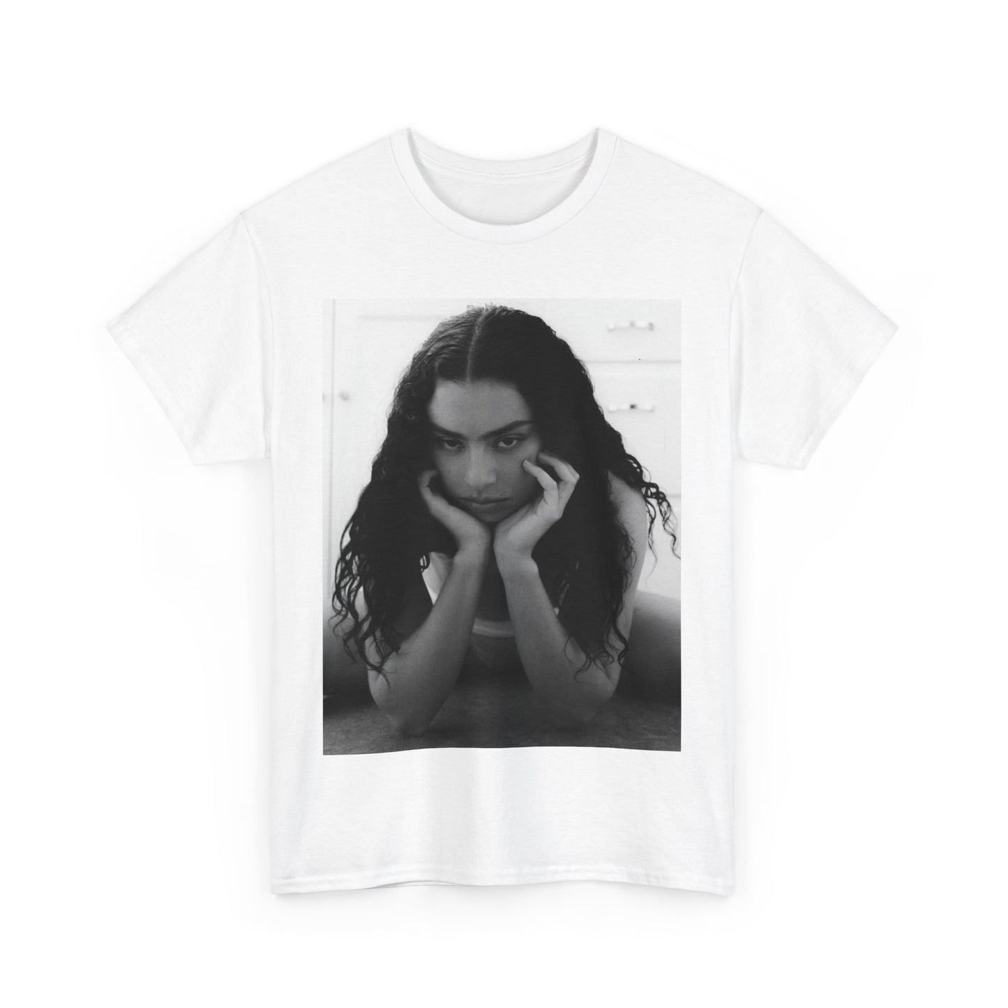 A black graphic t-shirt featuring a black and white, monochrome graphic or photo of Charli XCX.