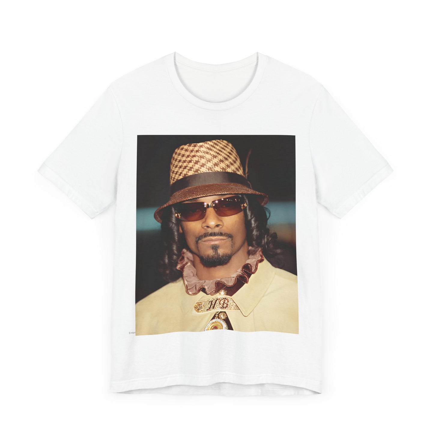 A black graphic t-shirt featuring a glamorous graphic of Snoop Dogg as a Doggfather icon.