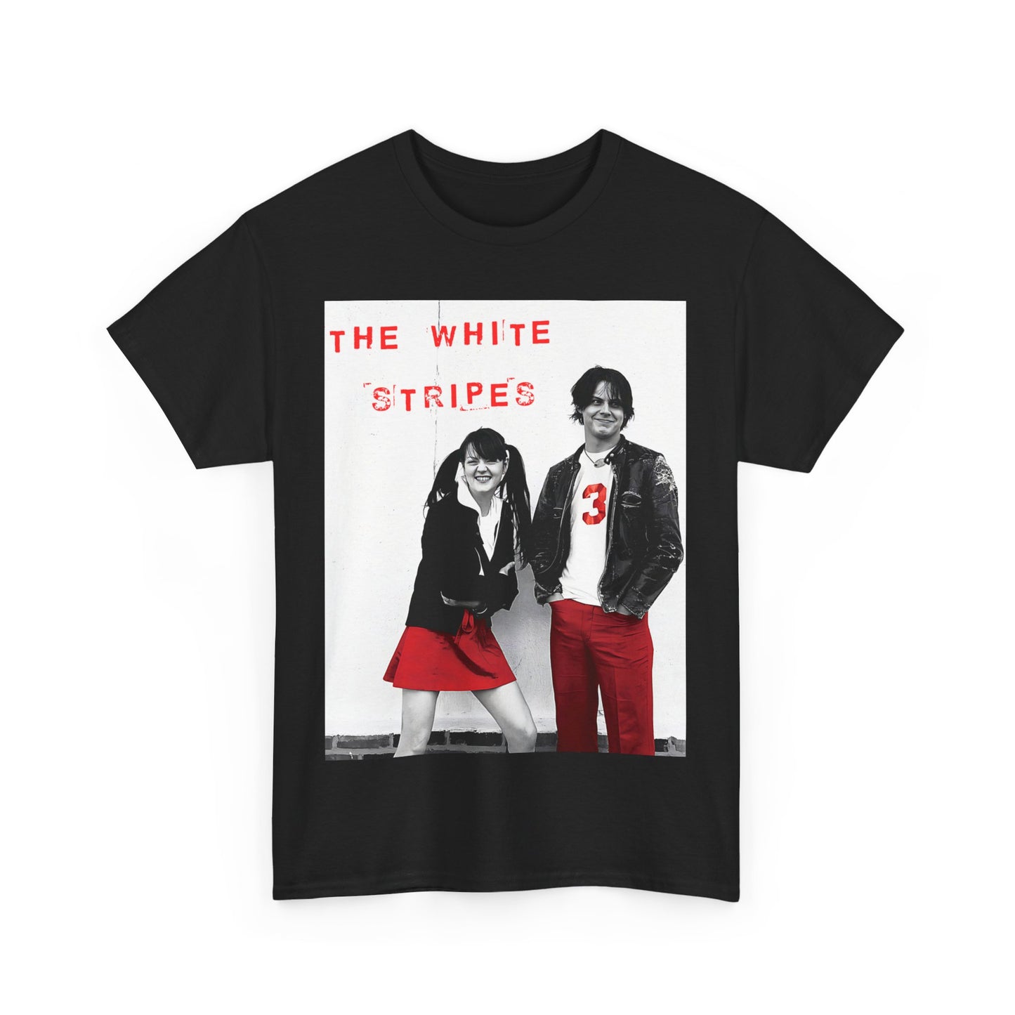 A black graphic t-shirt featuring a fearless attitude graphic of The White Stripes.