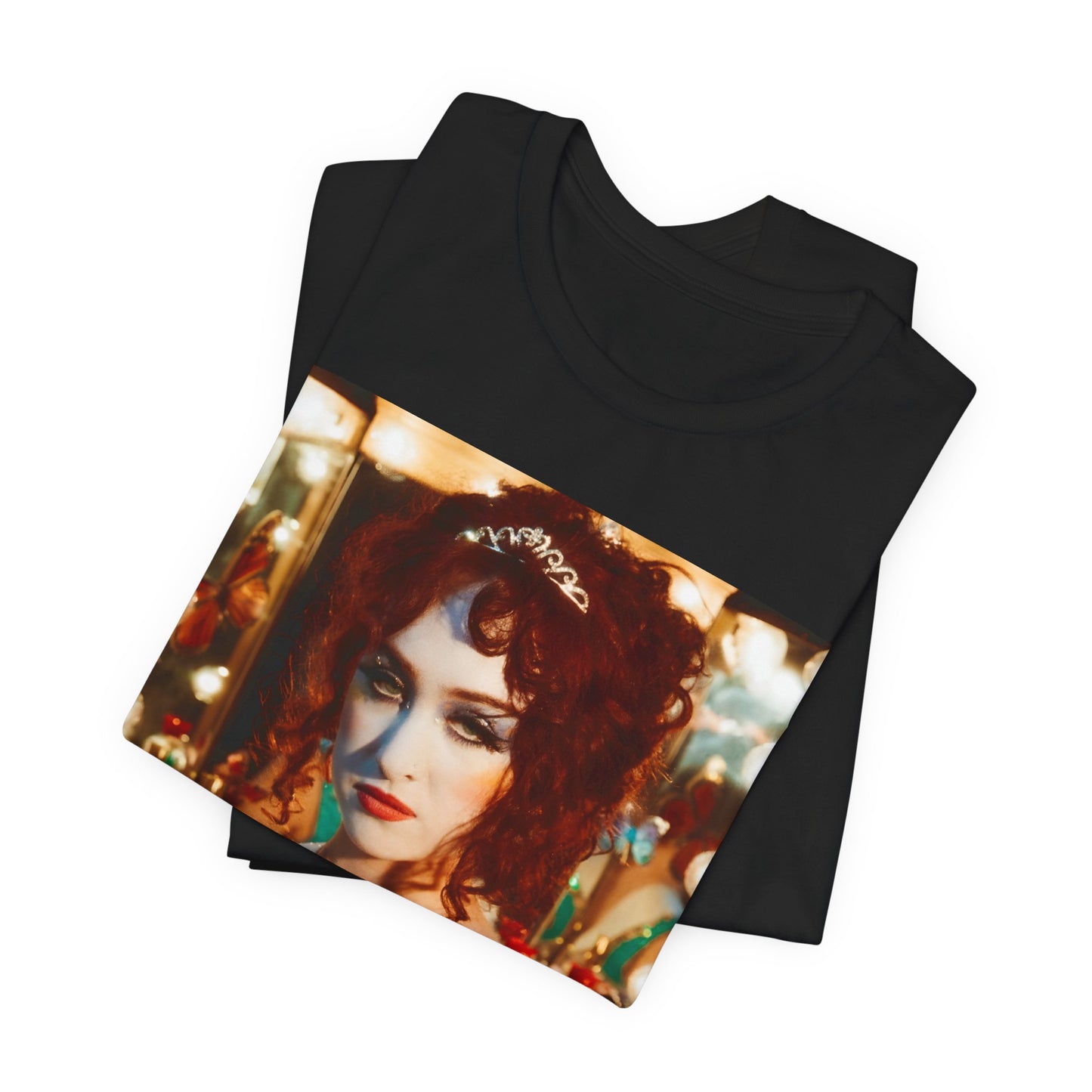 A black graphic t-shirt featuring a graphic of Chappell Roan in a bold stage costume.