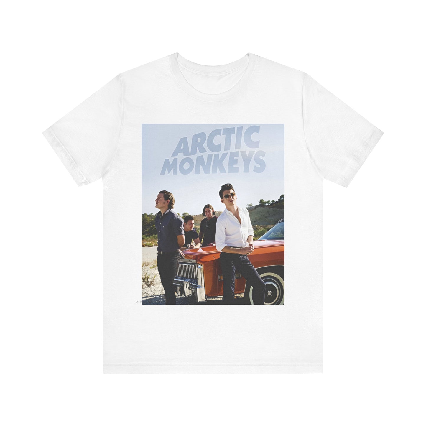 A black graphic t-shirt featuring a design related to Arctic Monkeys' 'AM' album era, possibly with the album art or band imagery.