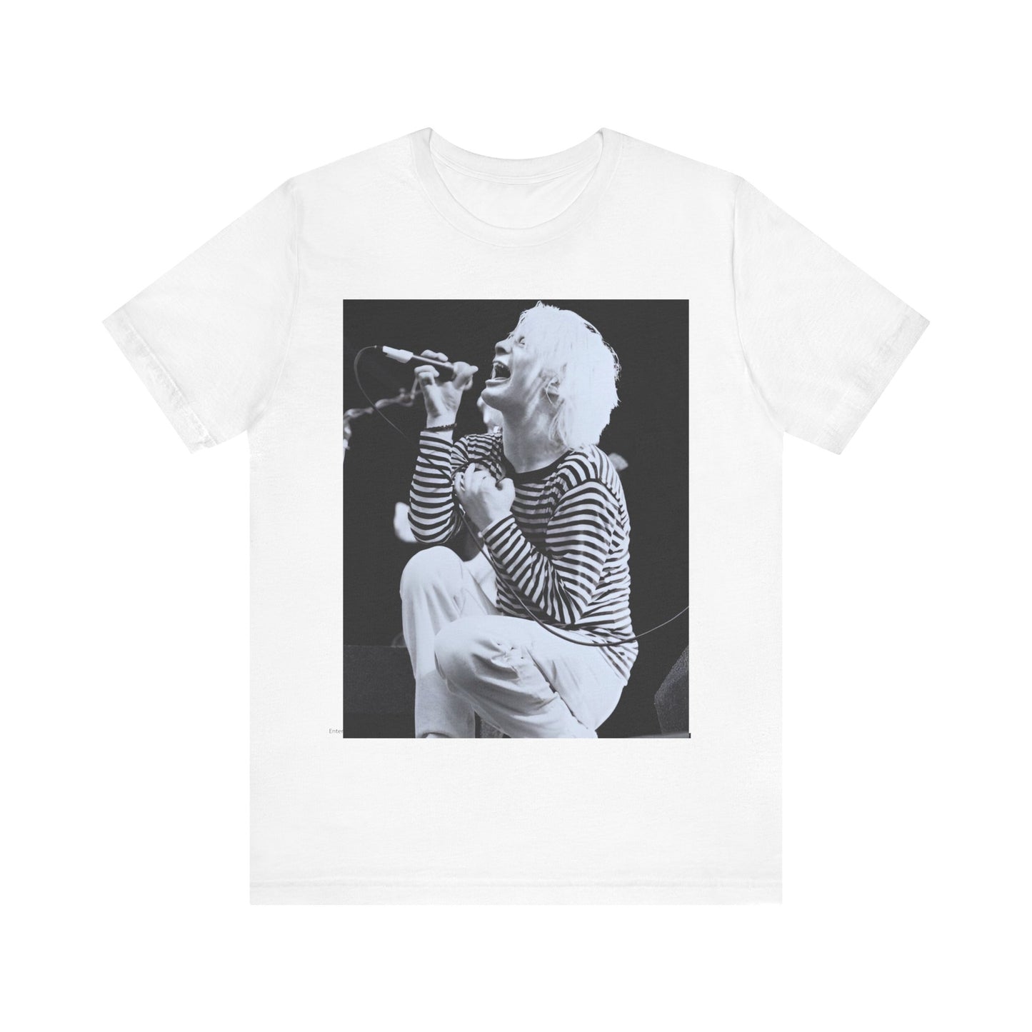 A black graphic t-shirt featuring a black and white graphic or photo of Radiohead performing live.