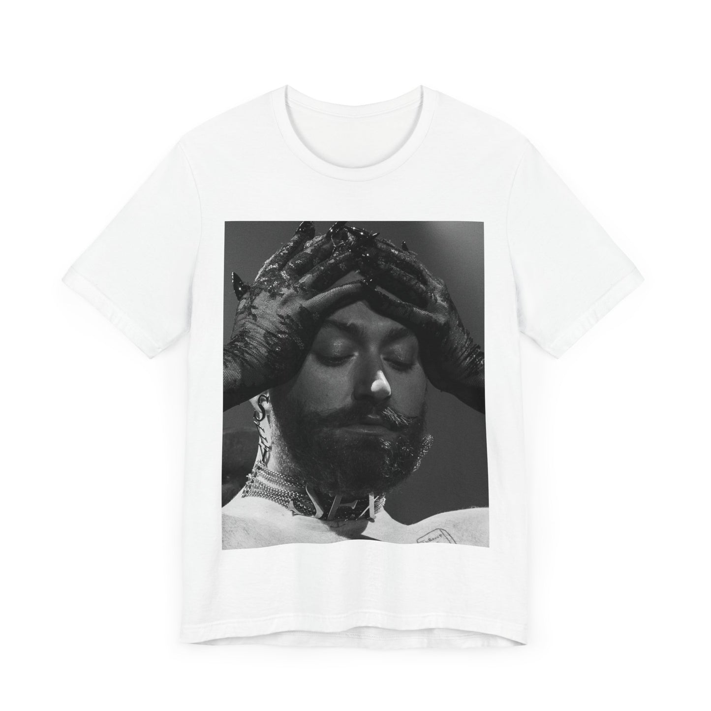 A black graphic t-shirt featuring a black and white graphic or photo of Sam Smith performing live on stage.