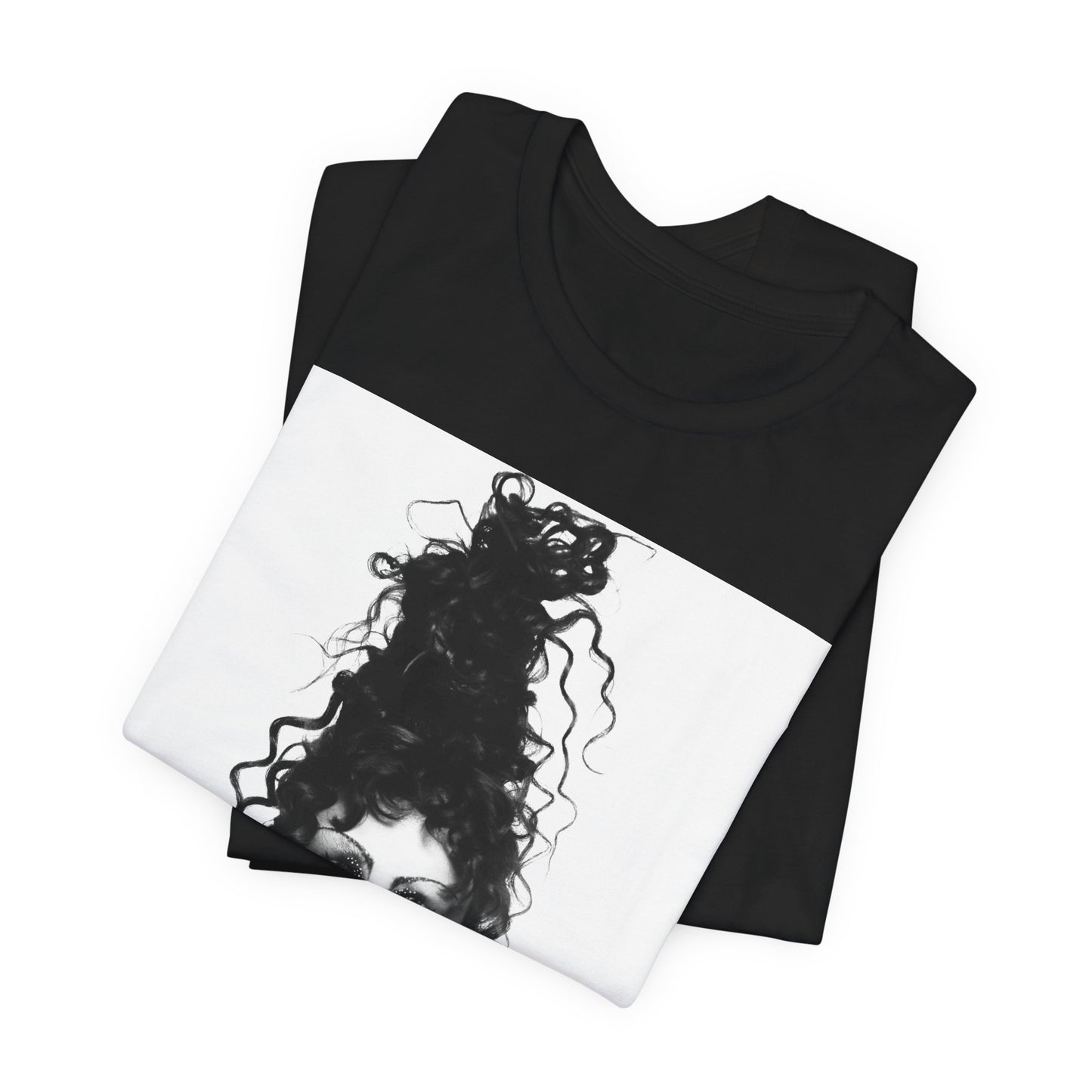 A black graphic t-shirt featuring a graphic of Chappell Roan as a pop diva.