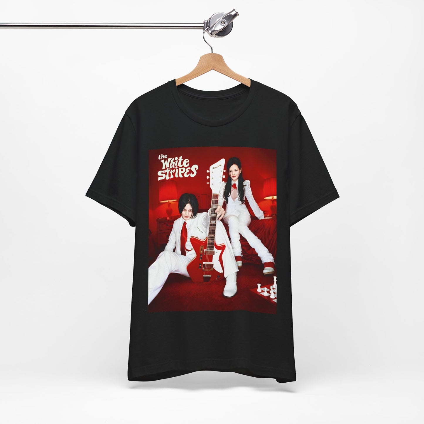 A black graphic t-shirt featuring a graphic related to The White Stripes' 'Seven Nation Army' song or era.