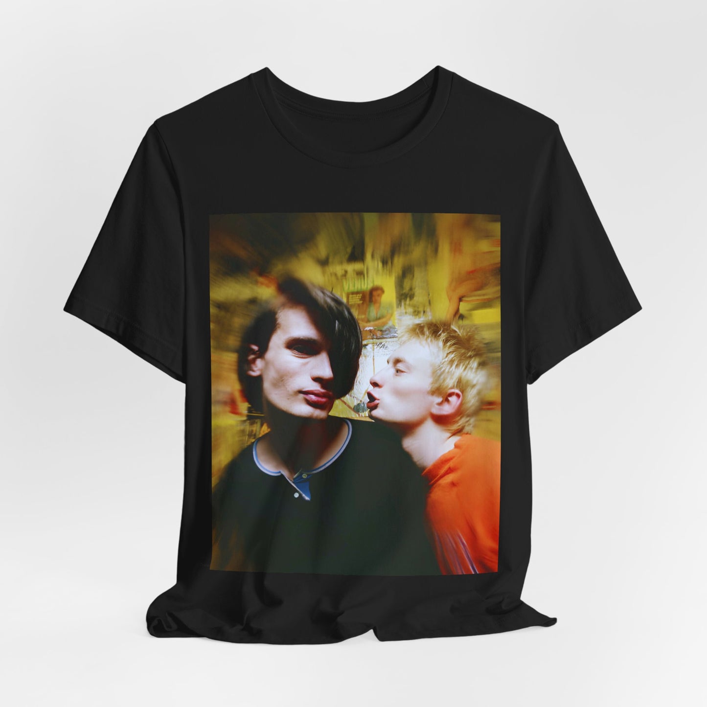 A black graphic t-shirt featuring a graphic related to Radiohead's 'No Surprises' song or era.