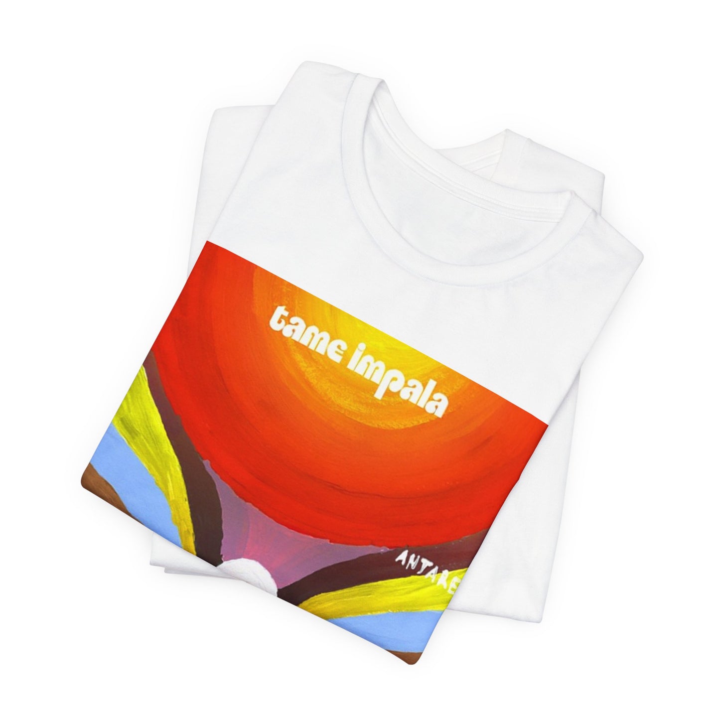 A black graphic t-shirt featuring a graphic inspired by Tame Impala's albums.