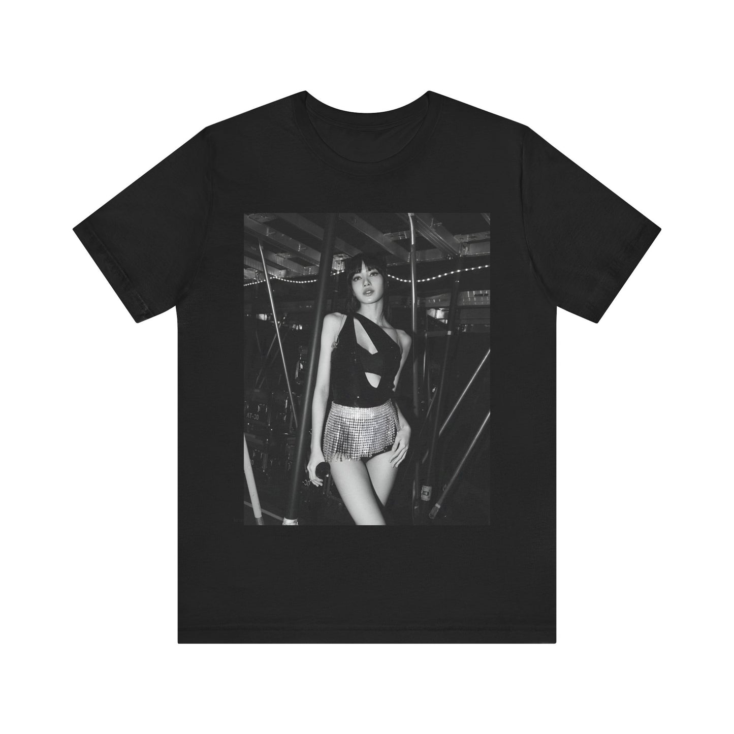 A black graphic t-shirt featuring a black and white graphic or photo of Lisa in a backstage setting.