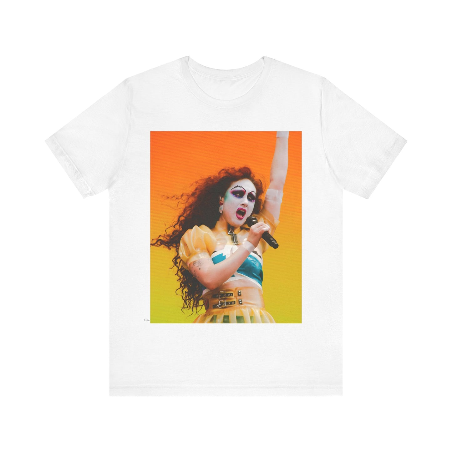 A black graphic t-shirt featuring a graphic of Chappell Roan, designed with a future pop aesthetic.