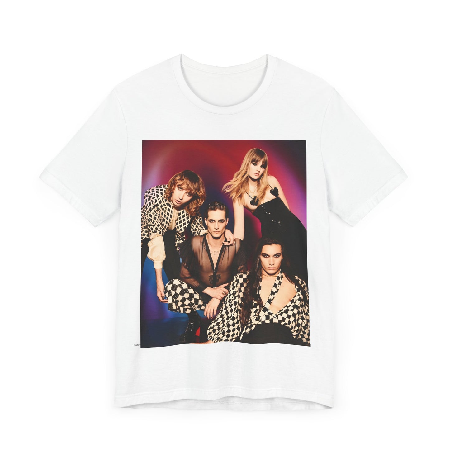 A black graphic t-shirt featuring a vintage glam rock graphic of Maneskin.