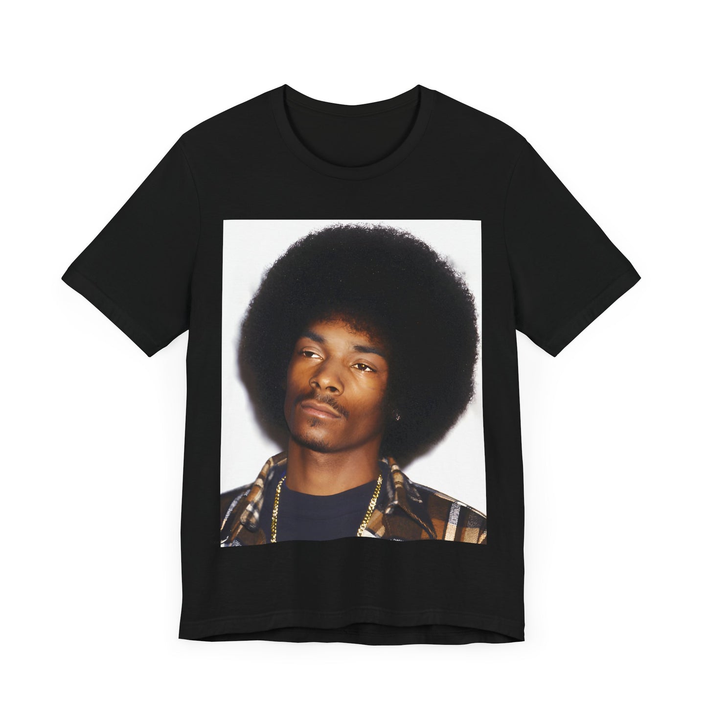 A black graphic t-shirt featuring a 90s vintage hip hop icon graphic of Snoop Dogg.
