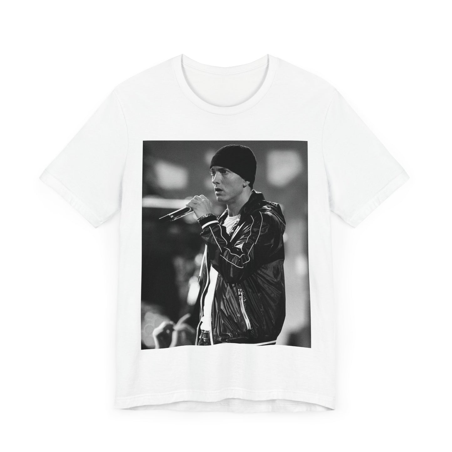 A black graphic t-shirt featuring a classic 90s graphic of Eminem as a 'Rap God'.