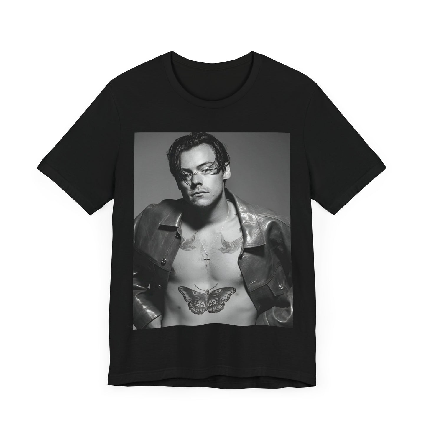 A black graphic t-shirt featuring a black and white portrait photo of Harry Styles.
