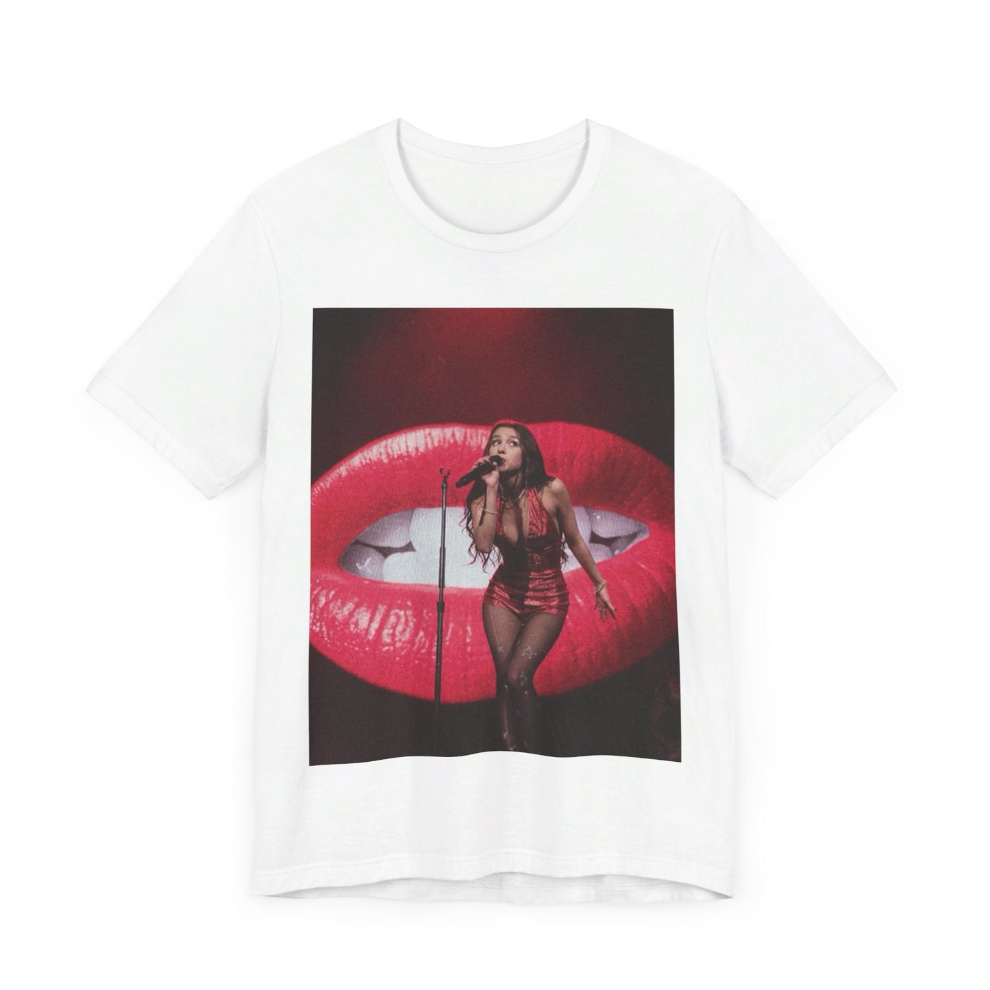 A black graphic t-shirt featuring a graphic or photo of Olivia Rodrigo performing live.