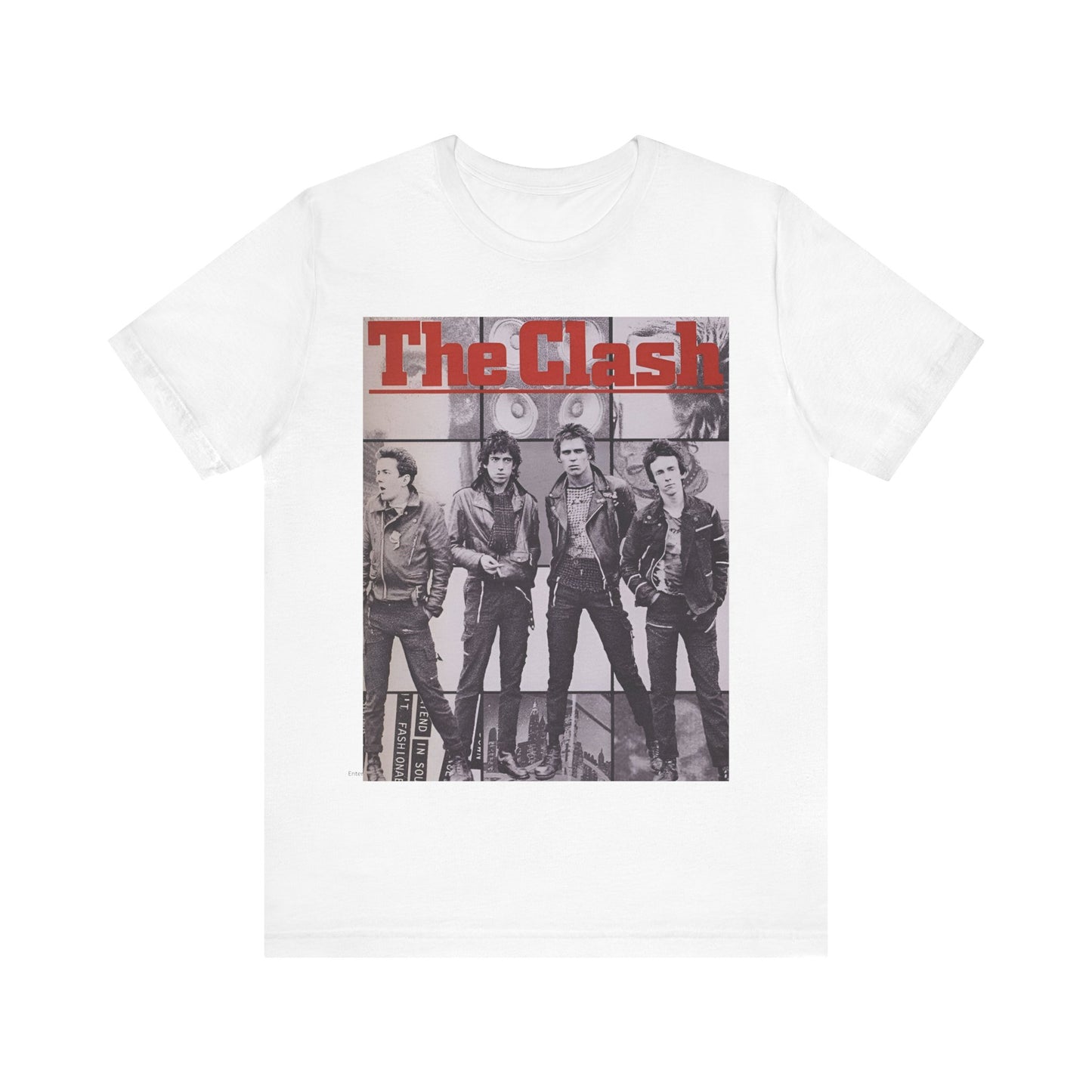 A black graphic t-shirt featuring a 70s retro punk superstar graphic of The Clash.