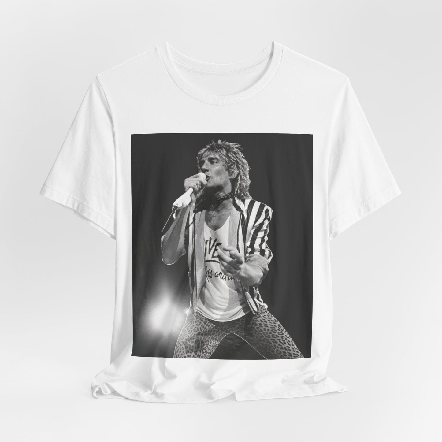 A black graphic t-shirt featuring a black and white portrait photo of Rod Stewart.