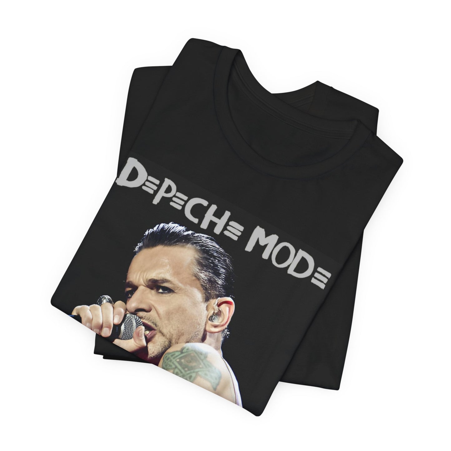 A black graphic t-shirt featuring a graphic of Dave Gahan from Depeche Mode, emphasizing his dynamic stage presence.
