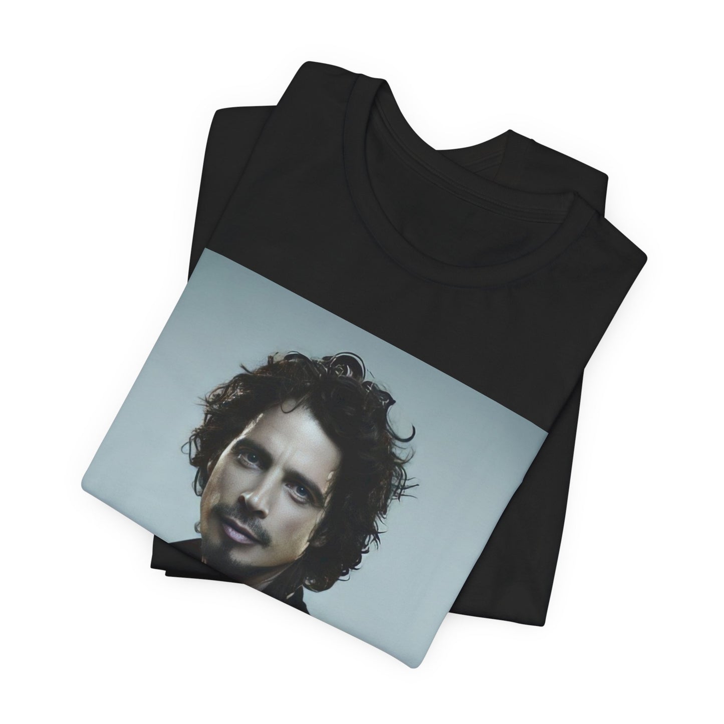 A black graphic t-shirt featuring a graphic related to Chris Cornell's song 'Like a Stone'.