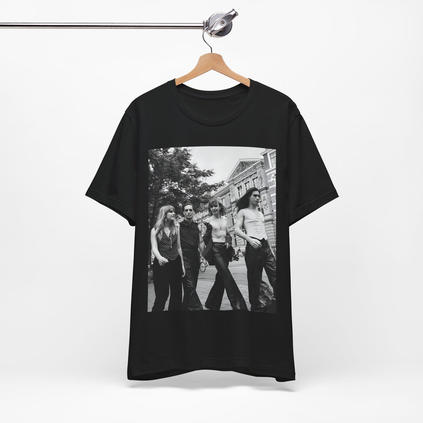 A black graphic t-shirt featuring a retro black and white monochrome graphic or photo of Maneskin.