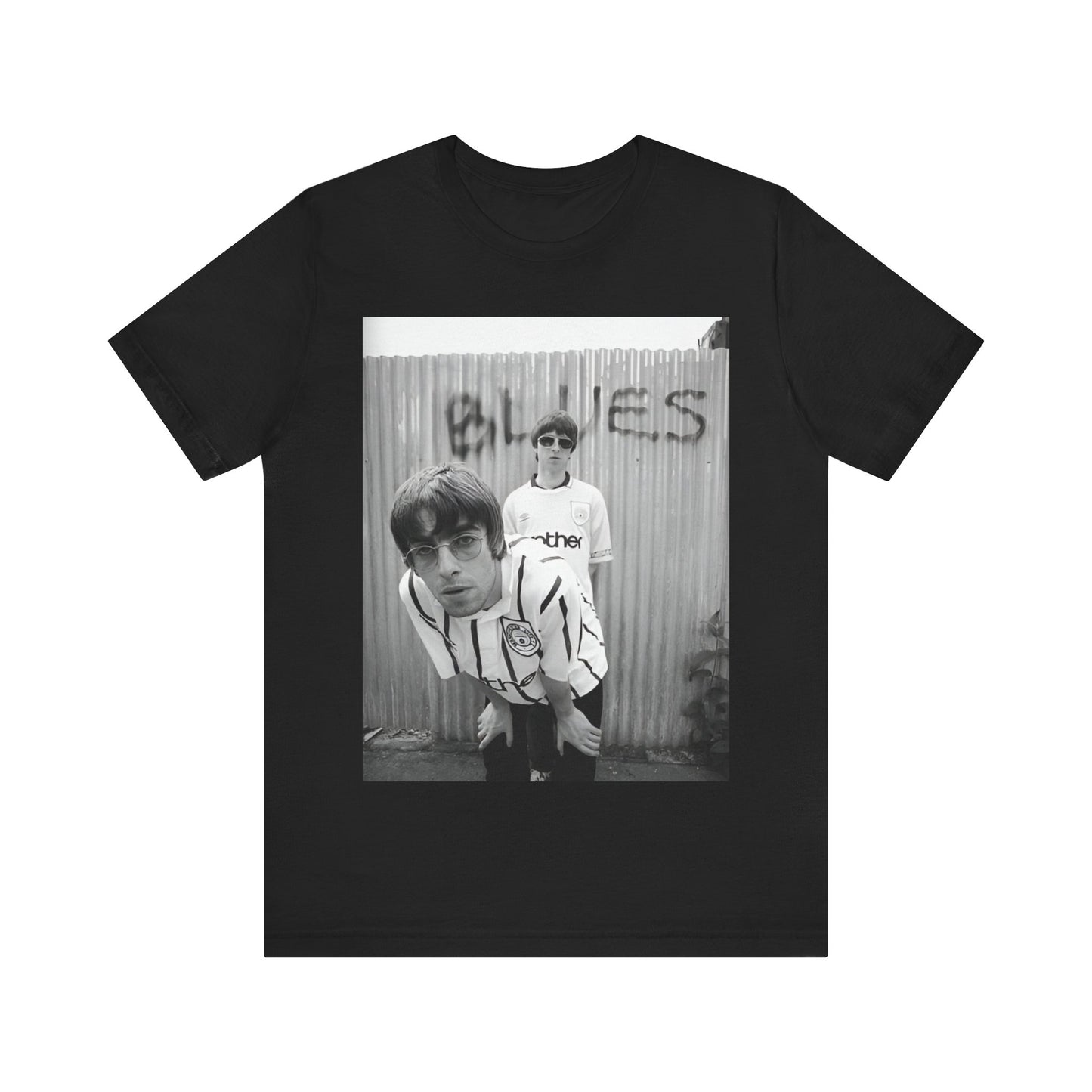 A black graphic t-shirt featuring a graphic of Liam and Noel Gallagher from Oasis, showing their support for Manchester City.