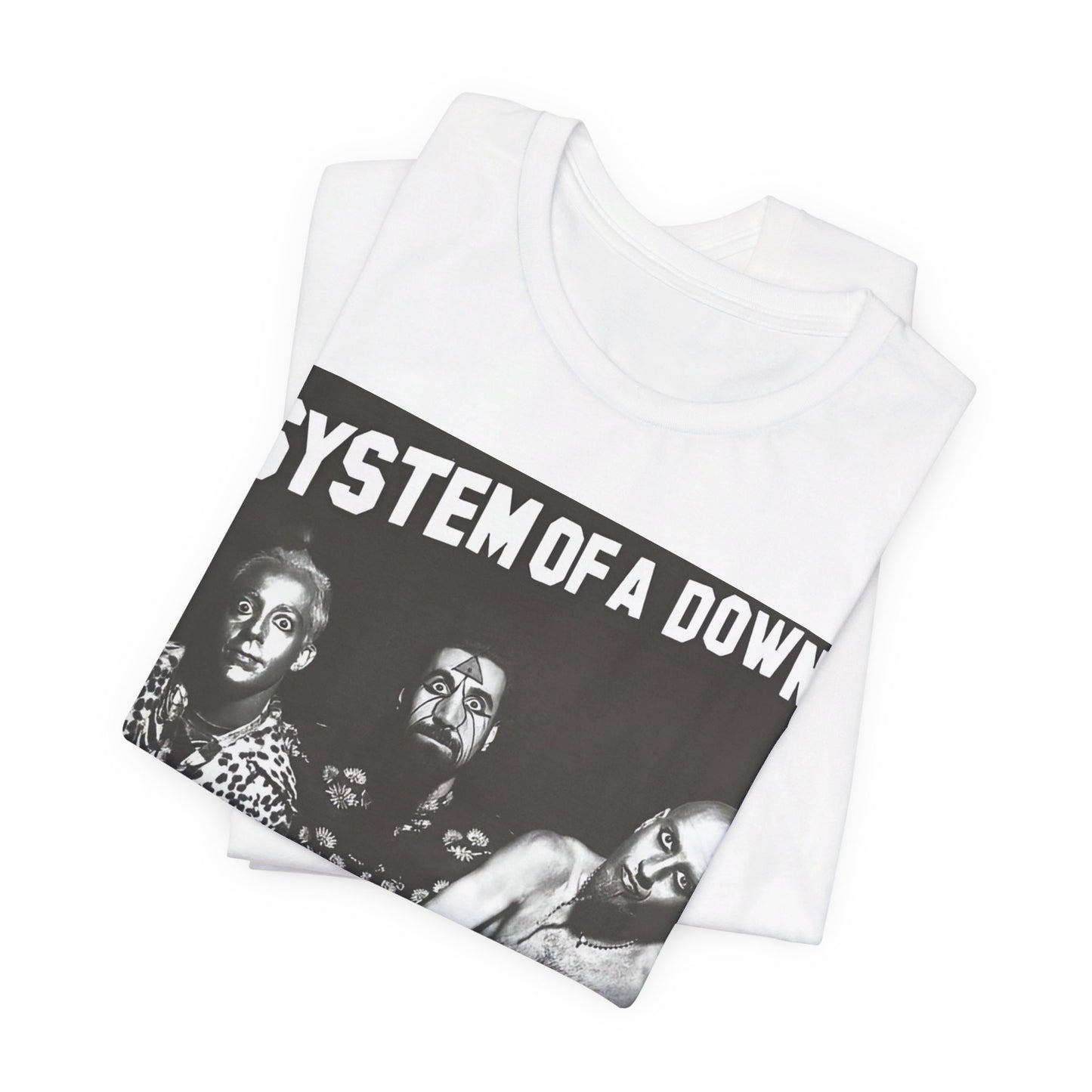 A black graphic t-shirt featuring a black and white graphic related to System of a Down's 'Chop Suey!' song or era.