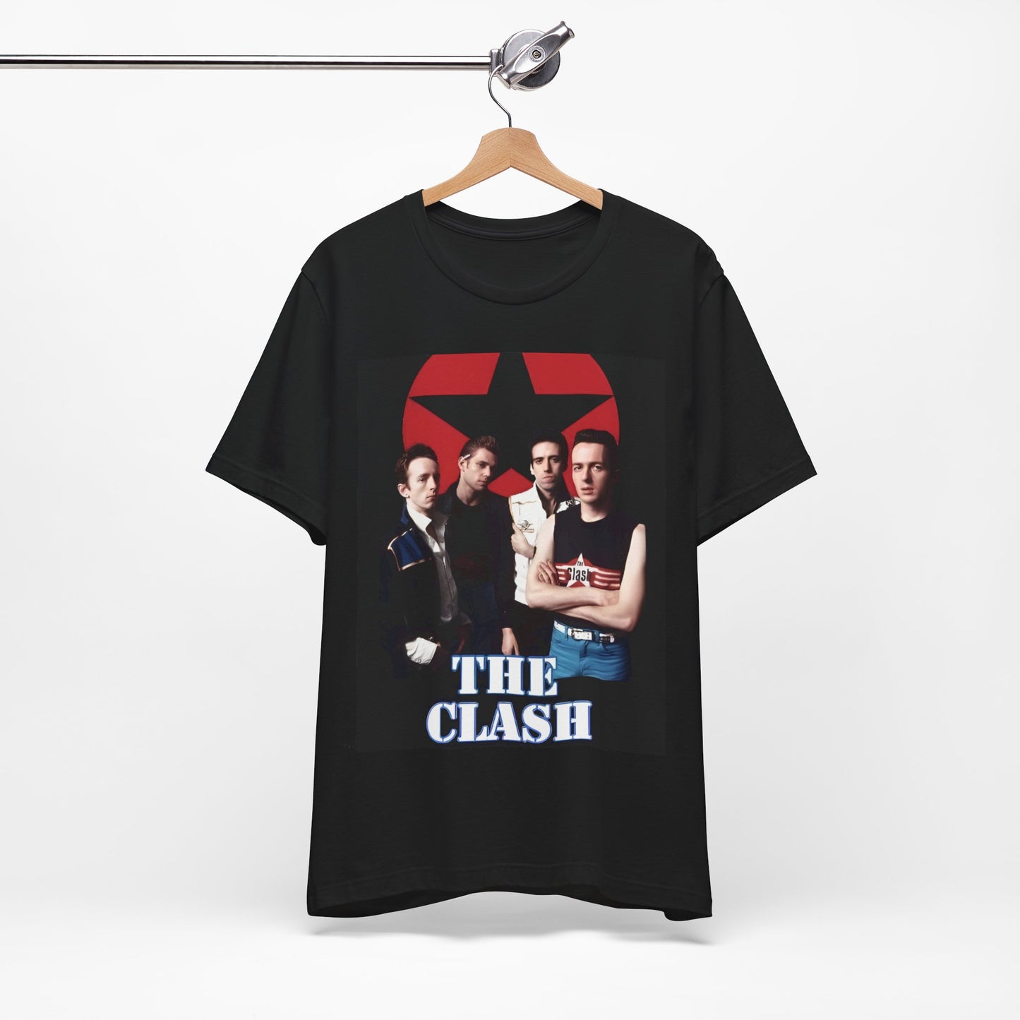 A black graphic t-shirt featuring a graphic related to The Clash's 'Should I Stay or Should I Go' song or era.