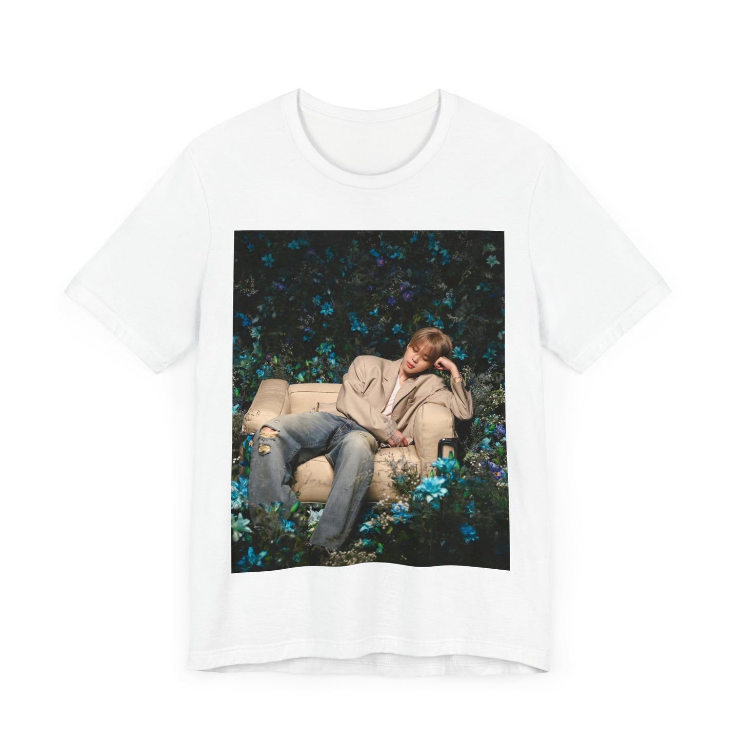 A black graphic t-shirt featuring an aesthetic graphic of Jimin in a K-Pop style.