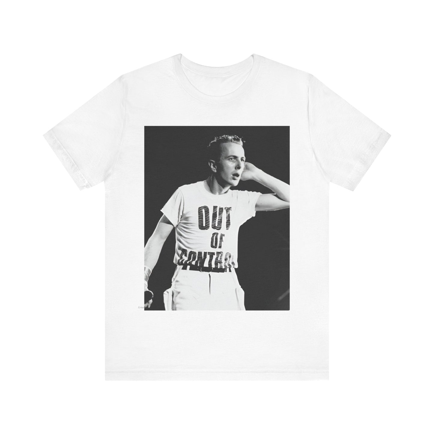 A black graphic t-shirt featuring a black and white graphic or photo portrait of Joe Strummer from The Clash.