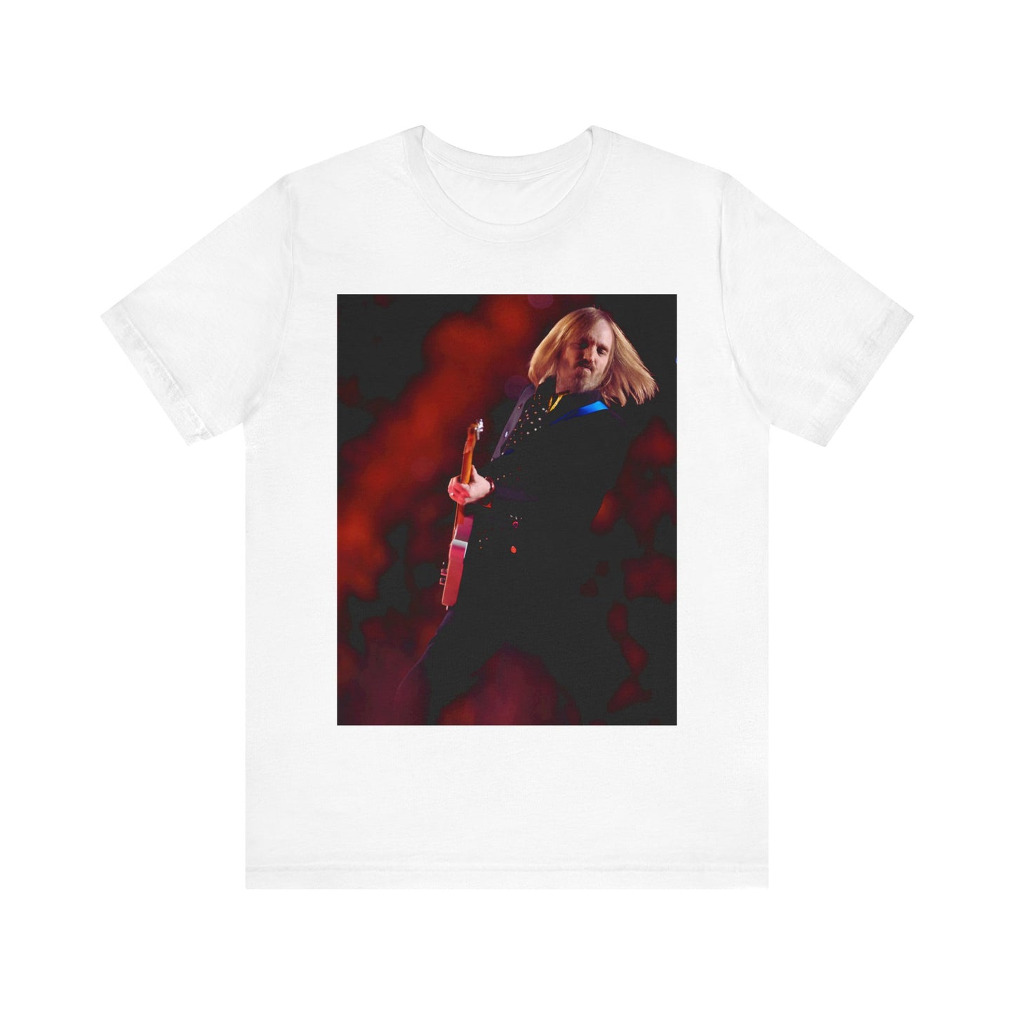 A black graphic t-shirt featuring a graphic or photo of Tom Petty as a powerhouse live performer.