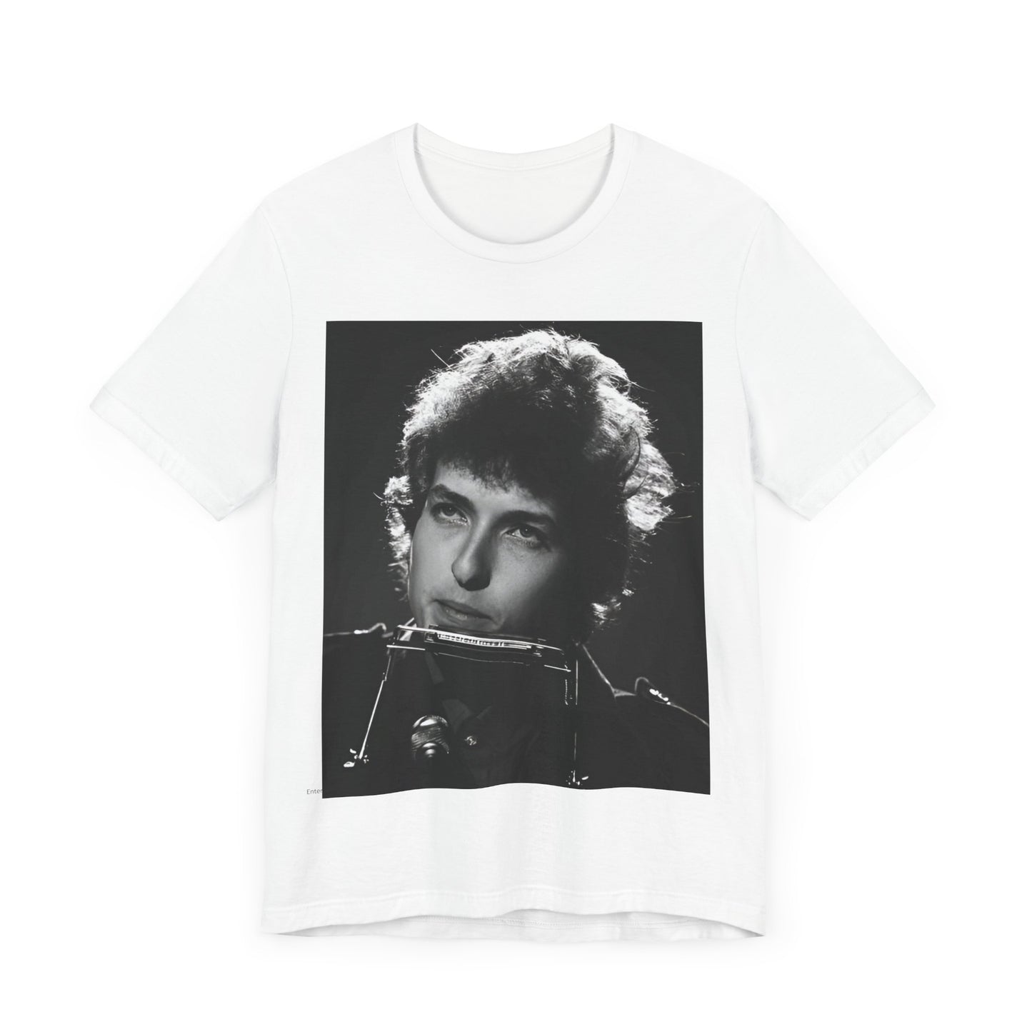 A black graphic t-shirt featuring a graphic of Bob Dylan from the 60s playing his harmonica.