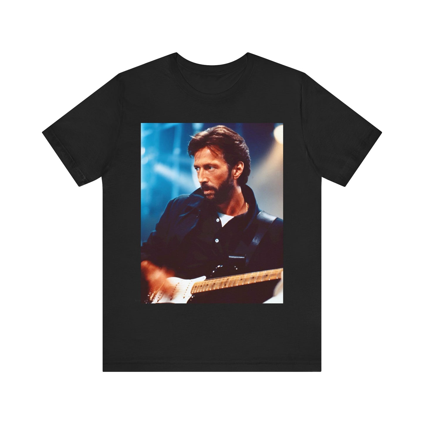A black graphic t-shirt featuring a retro graphic or photo of Eric Clapton performing live on stage.