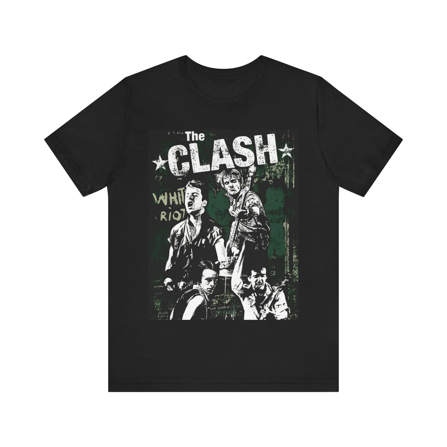 A black graphic t-shirt featuring a graphic related to The Clash's 'White Riot' song.
