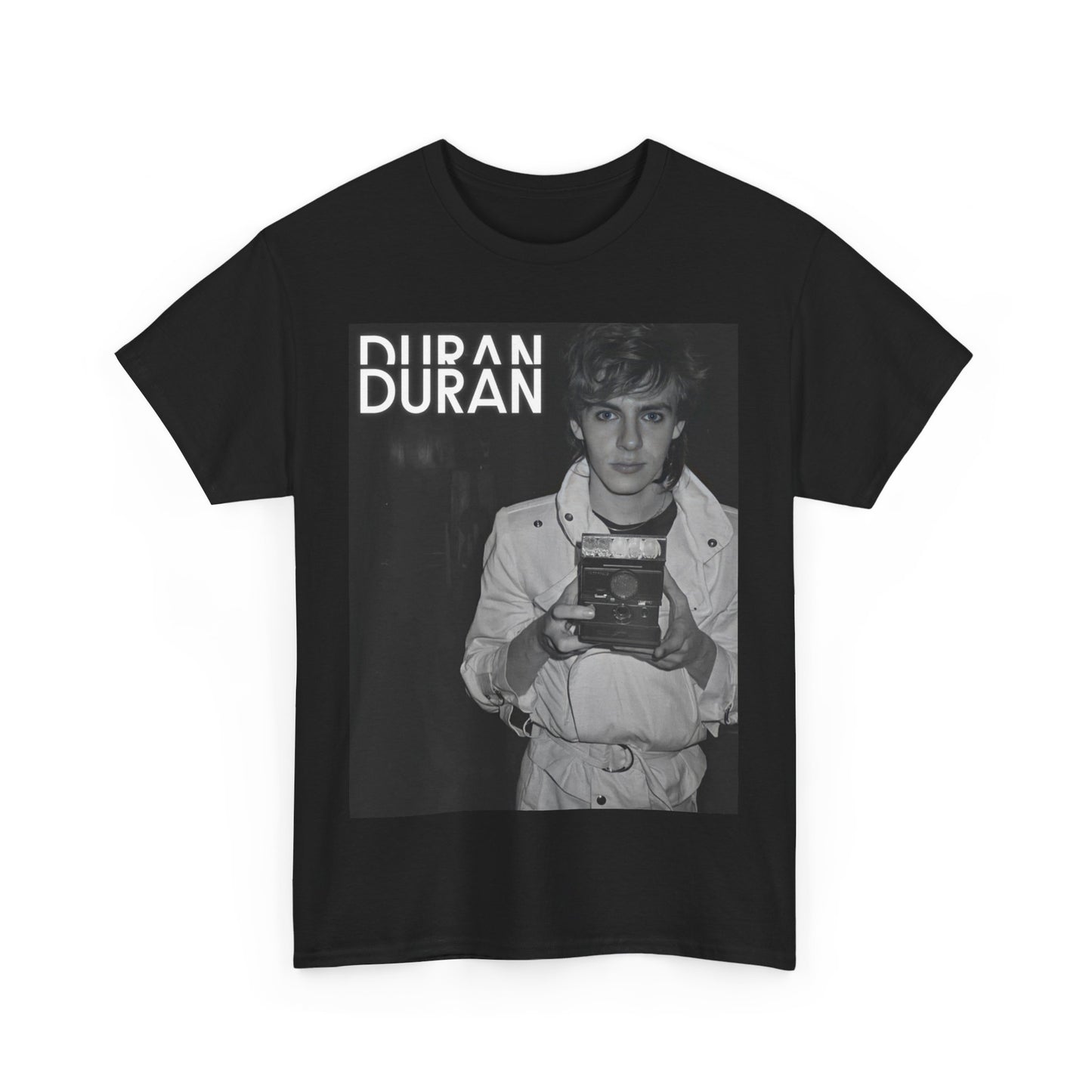 A black graphic t-shirt featuring an 80s black and white Polaroid-style photo of Duran Duran.