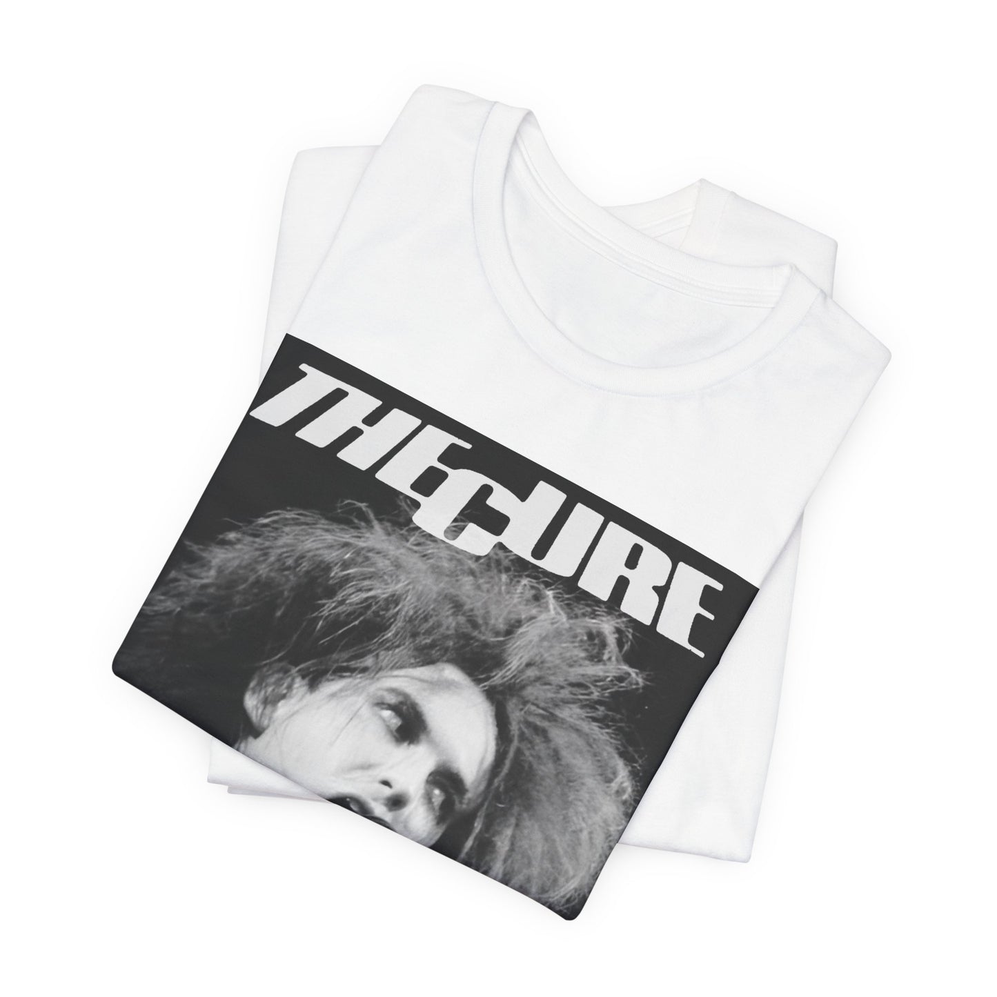 A black graphic t-shirt featuring a graphic of The Cure with a dark romanticism core aesthetic.