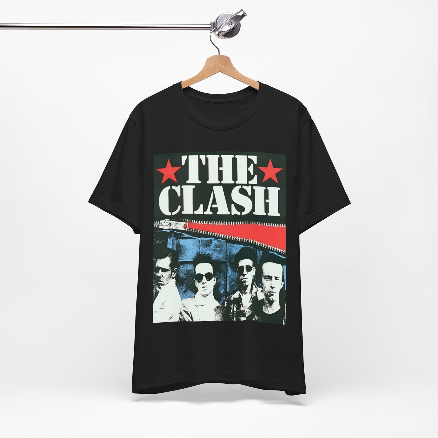 A black graphic t-shirt featuring a casual punk fan graphic of The Clash.