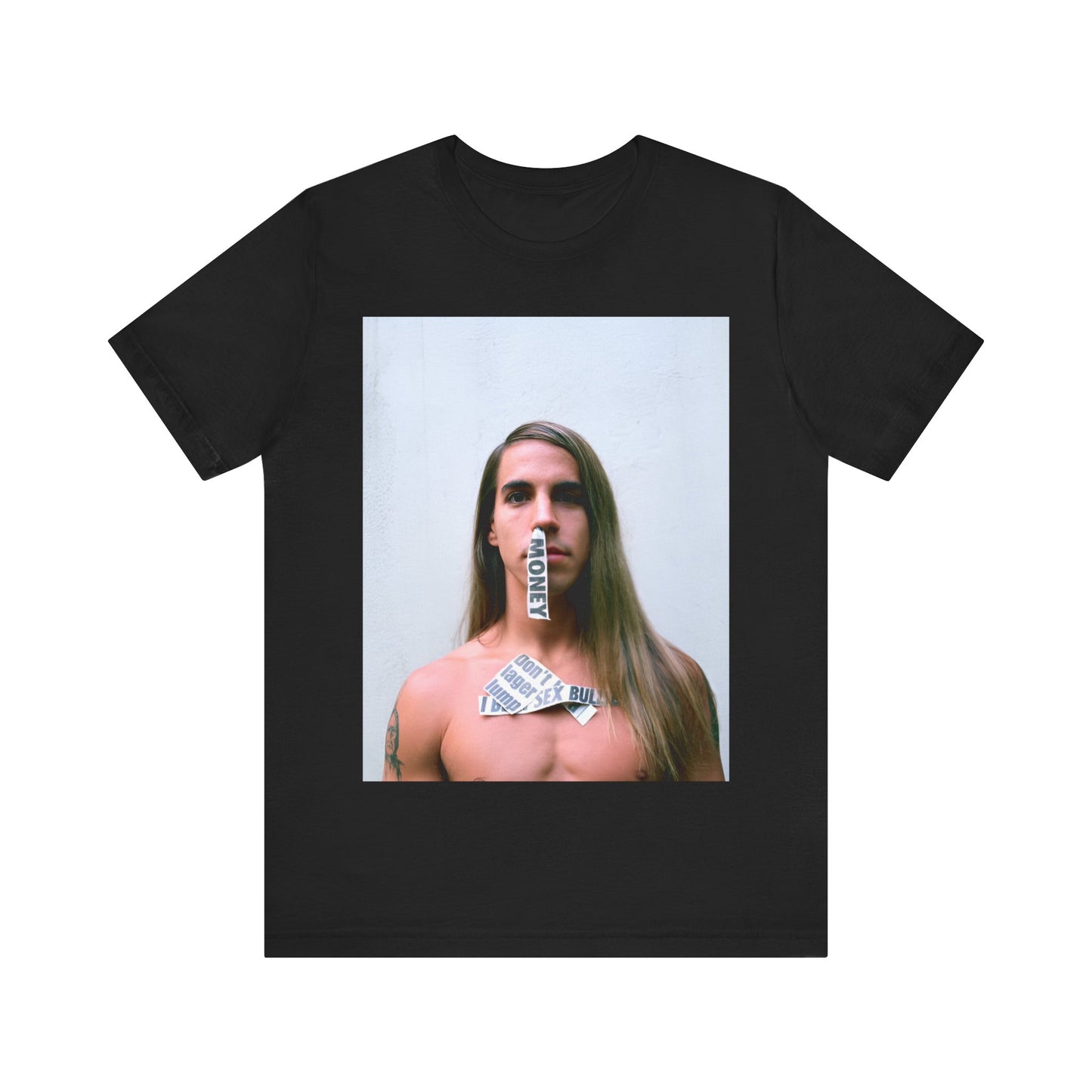 A black graphic t-shirt featuring a 90s photo portrait of Anthony Kiedis from Red Hot Chili Peppers.
