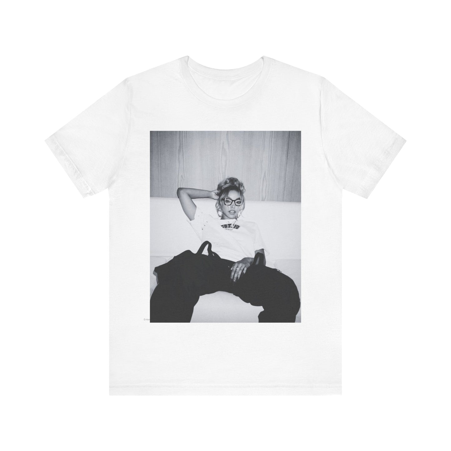 A black graphic t-shirt featuring a black and white portrait photo of Tinashe.