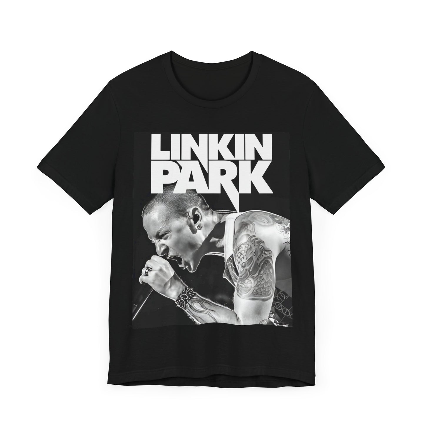 A black graphic t-shirt featuring a black and white graphic or photo portrait of Chester Bennington from Linkin Park.