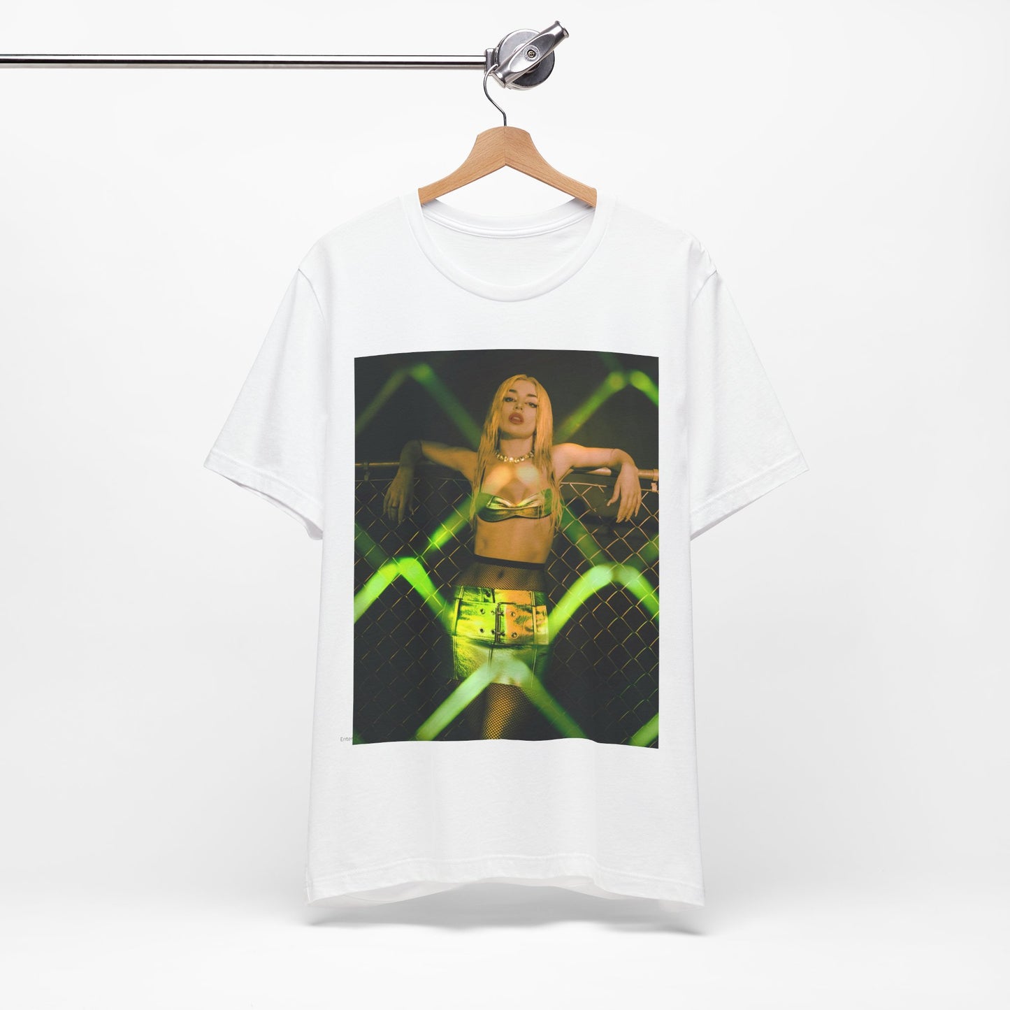 A black graphic t-shirt featuring a graphic of Ava Max with prominent neon green aesthetic elements.