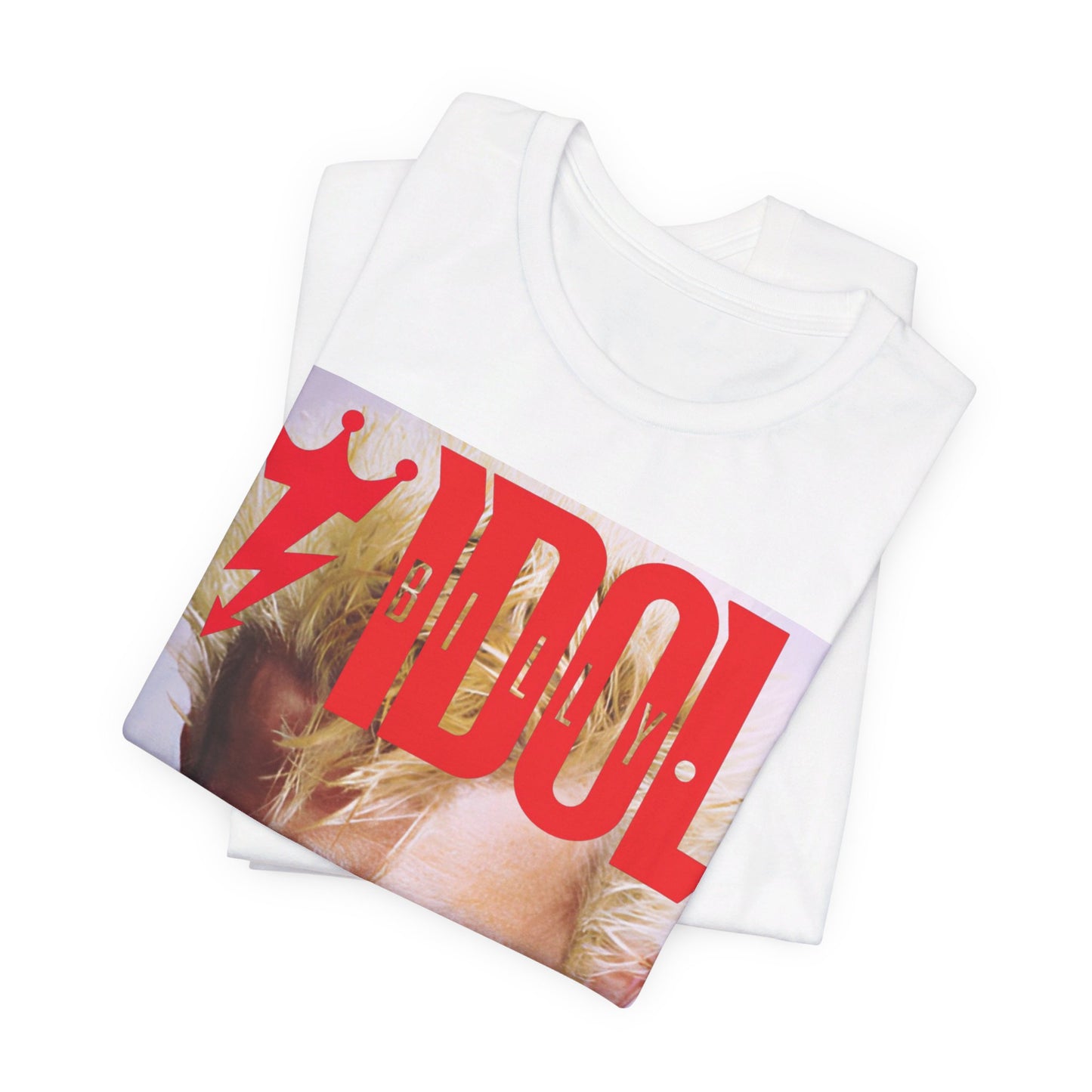 A black graphic t-shirt featuring a graphic inspired by Billy Idol's 'Rebel Yell' album or era.
