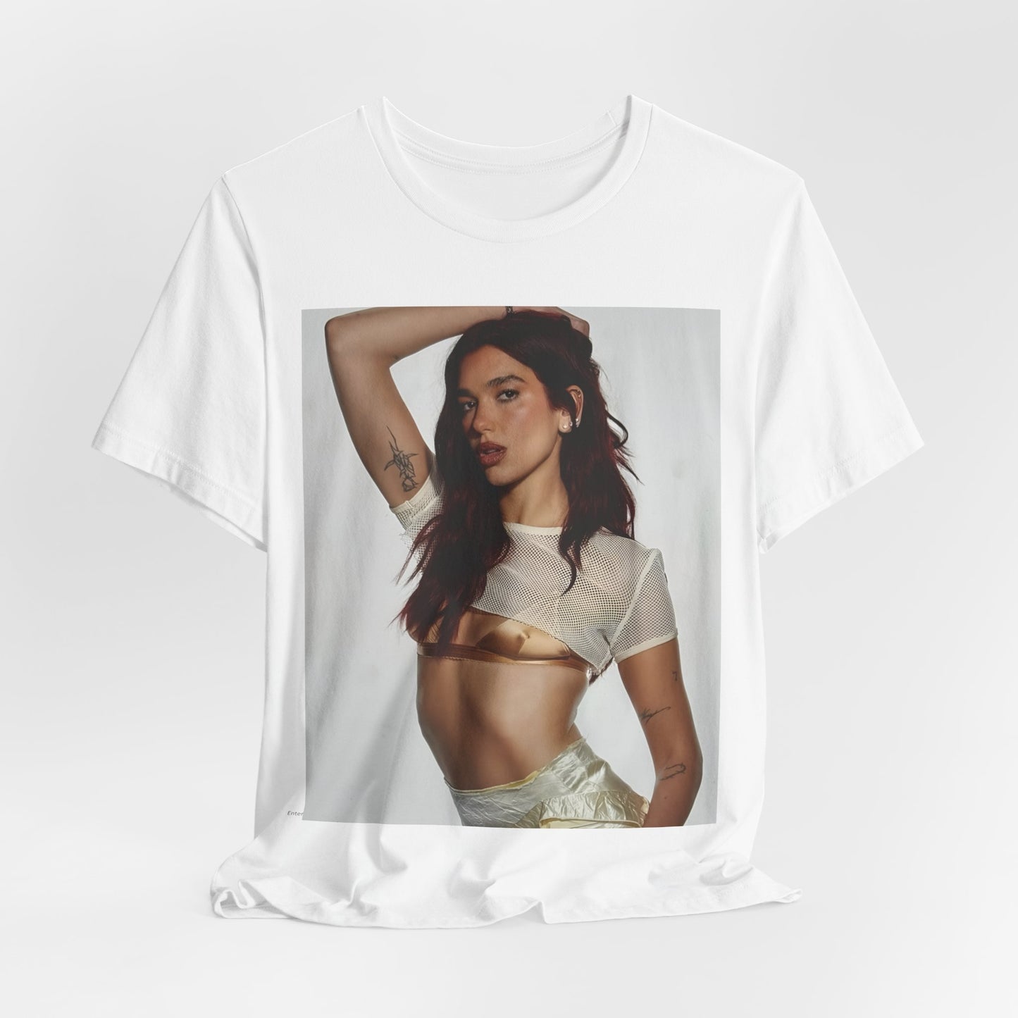 A black graphic t-shirt featuring a minimal graphic of Dua Lipa.