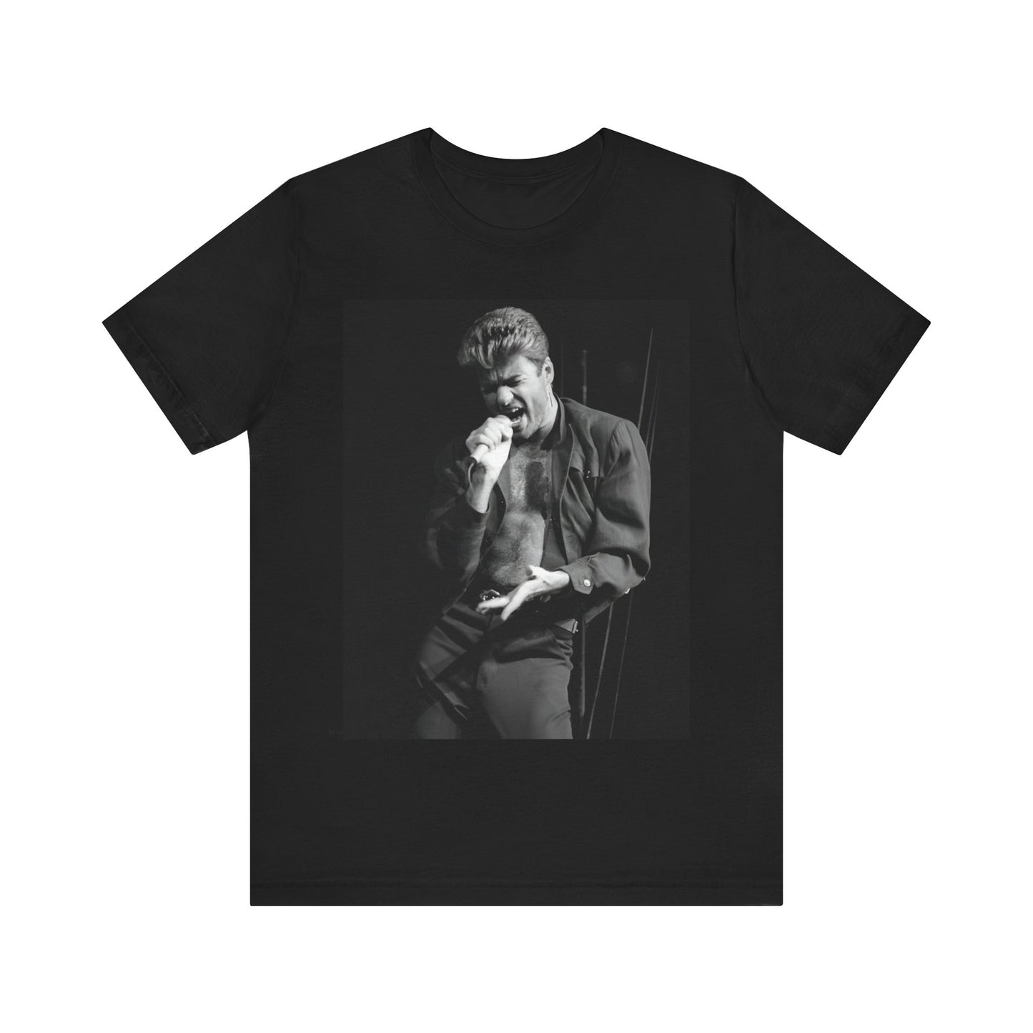 A black graphic t-shirt featuring a glamorous photo or graphic of George Michael performing live.