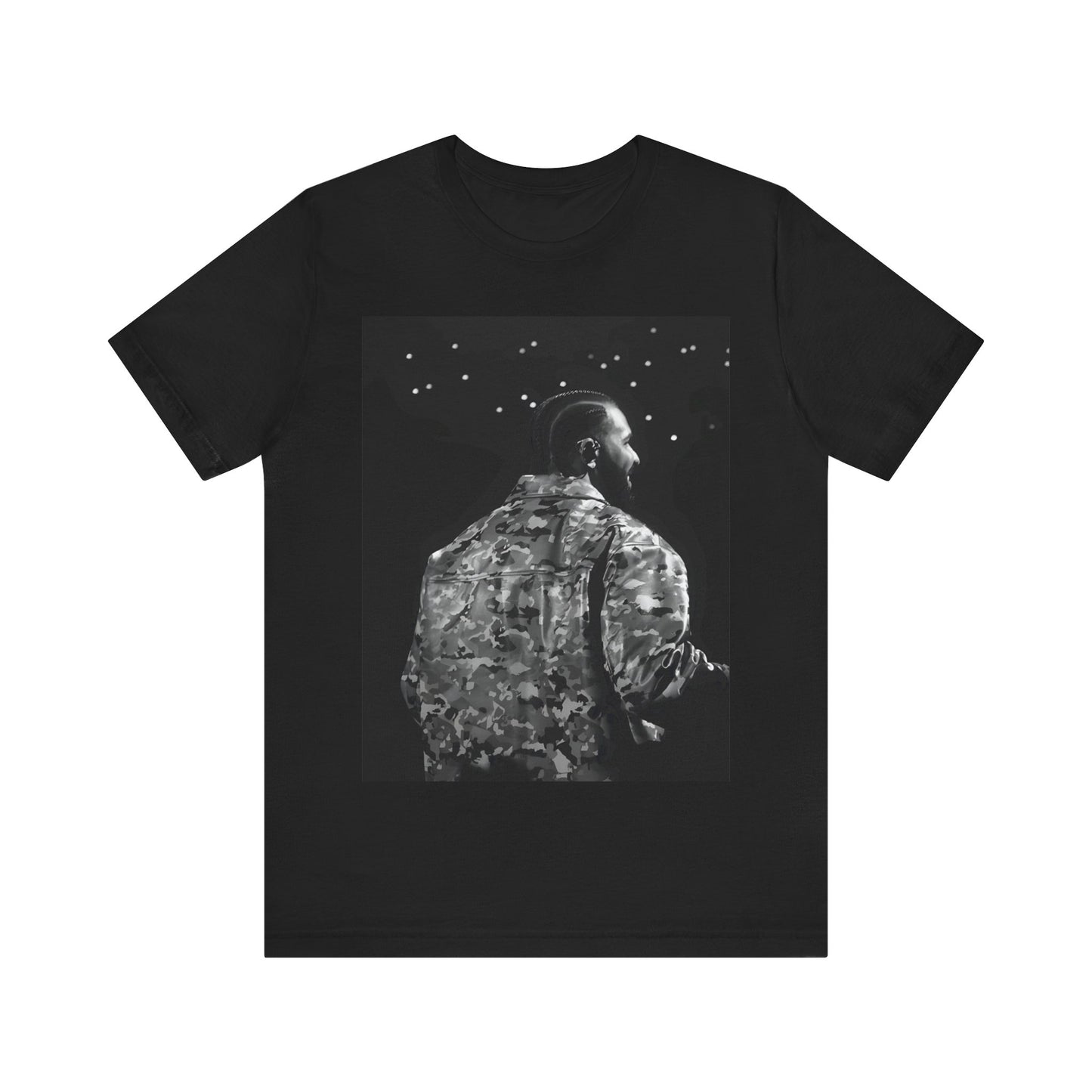 A black graphic t-shirt featuring a black and white graphic or photo of Drake performing live on stage.